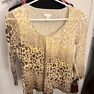 Chico's Gold and Tan Leopard-Print Long Sleeve Scoop Neck Top